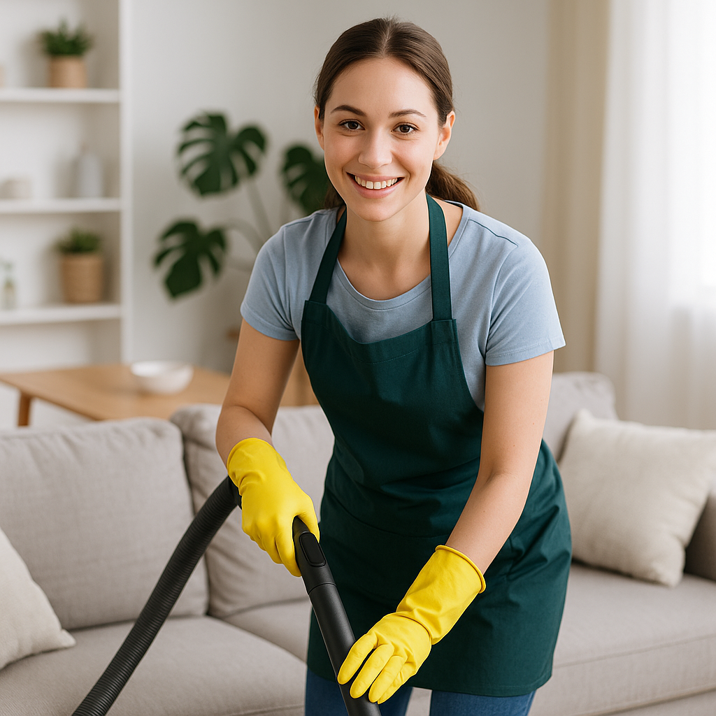 Professional house cleaner smiling while vacuuming an Airbnb living room